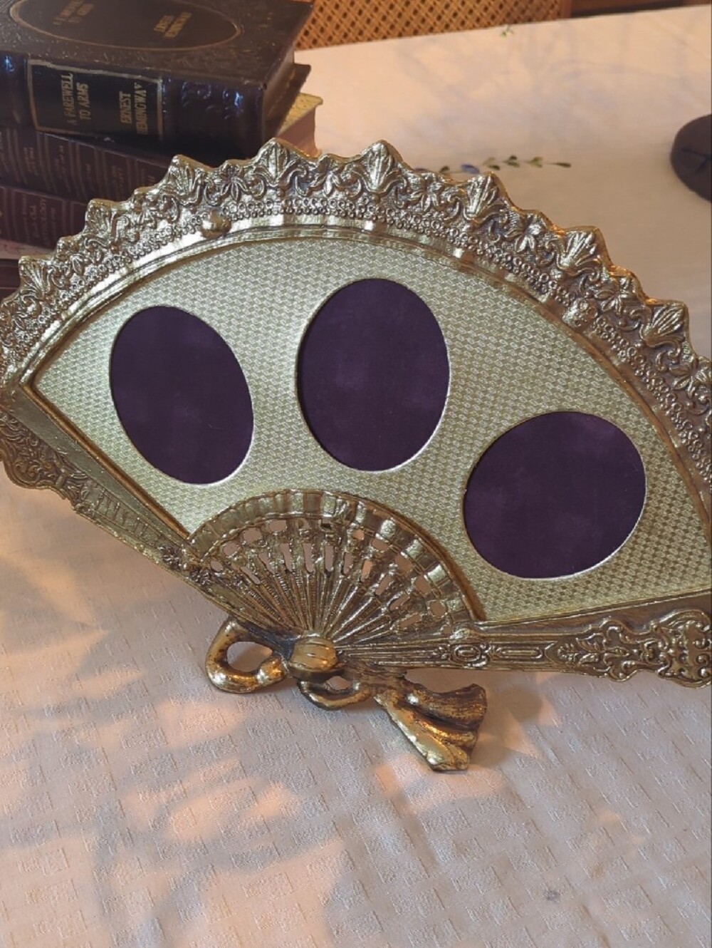 Vintage Solid Brass Fan Picture Frame | Ornate Victorian Vanity Decor | 3 Photo - Picture 2 of 5